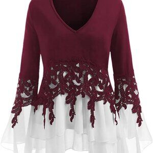 Cellabie Womens Red Lace Crochet V Neck Top with‎ White Flare Underlay Size 2XL